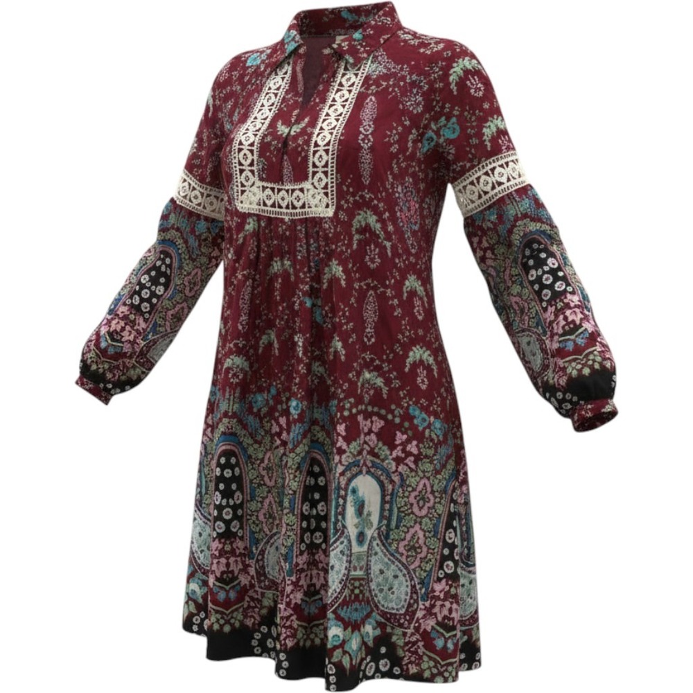 entro Boho Tunic Mini Dress Small Paisley Patchwork Lace Cottagecore Burgundy